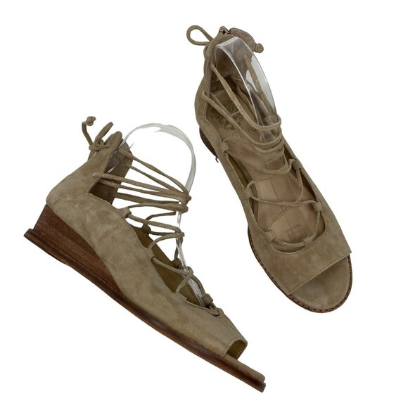 Vince Camuto Rochela Suede Wedge Size 7.5 Sandal Lace-up Tan Peep Toe - Picture 2 of 13